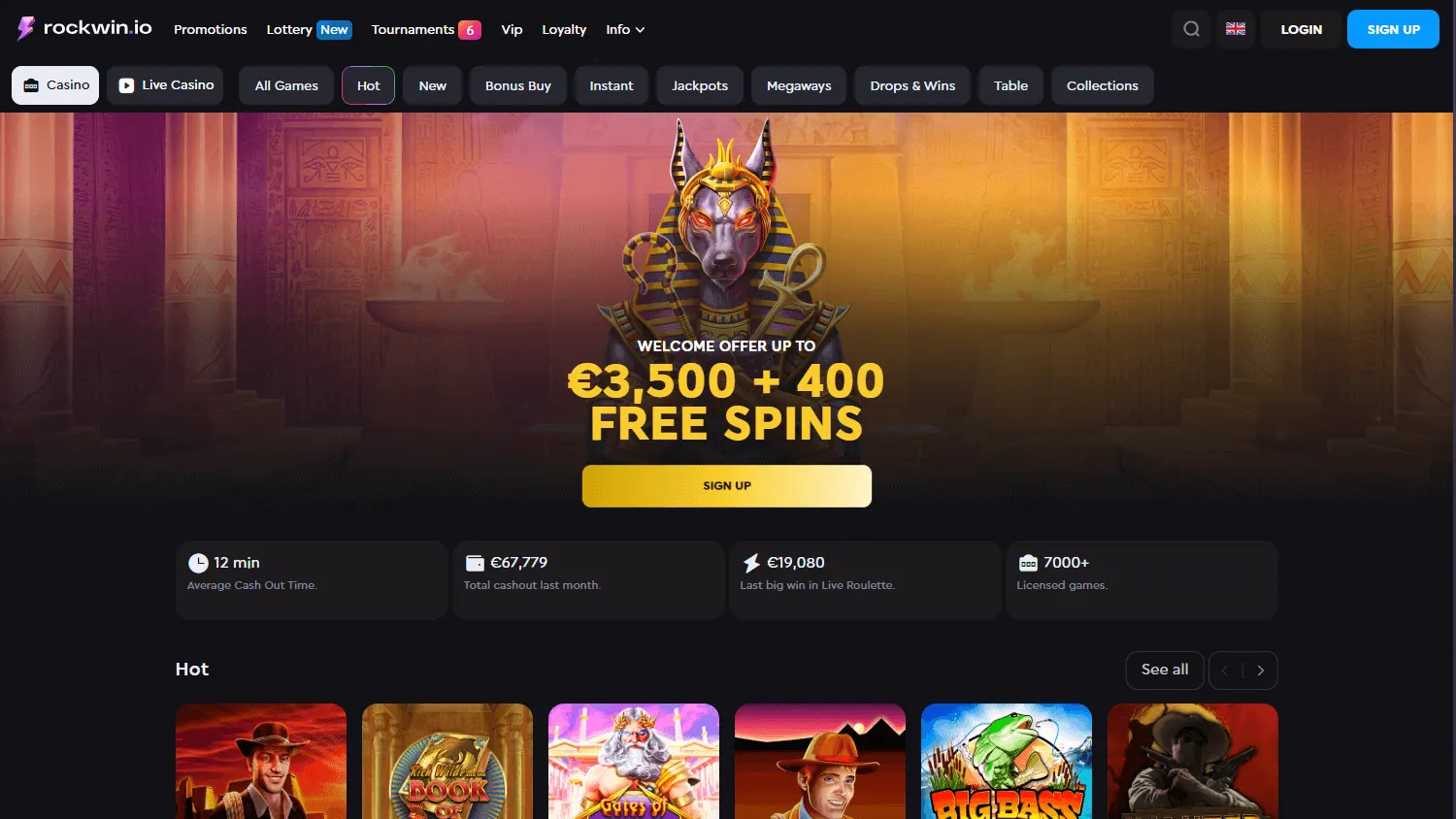 Rockwin Casino desktop home with casino access, AUD support and account features