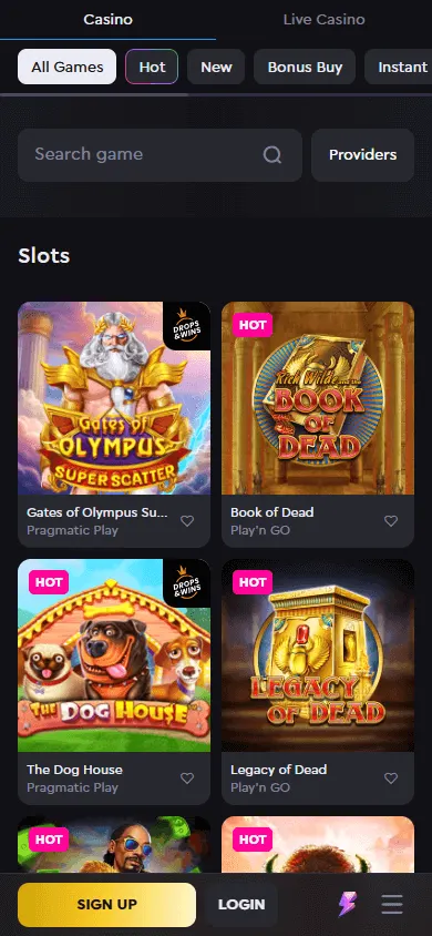 Rockwin Casino mobile games area with casino categories and playable titles