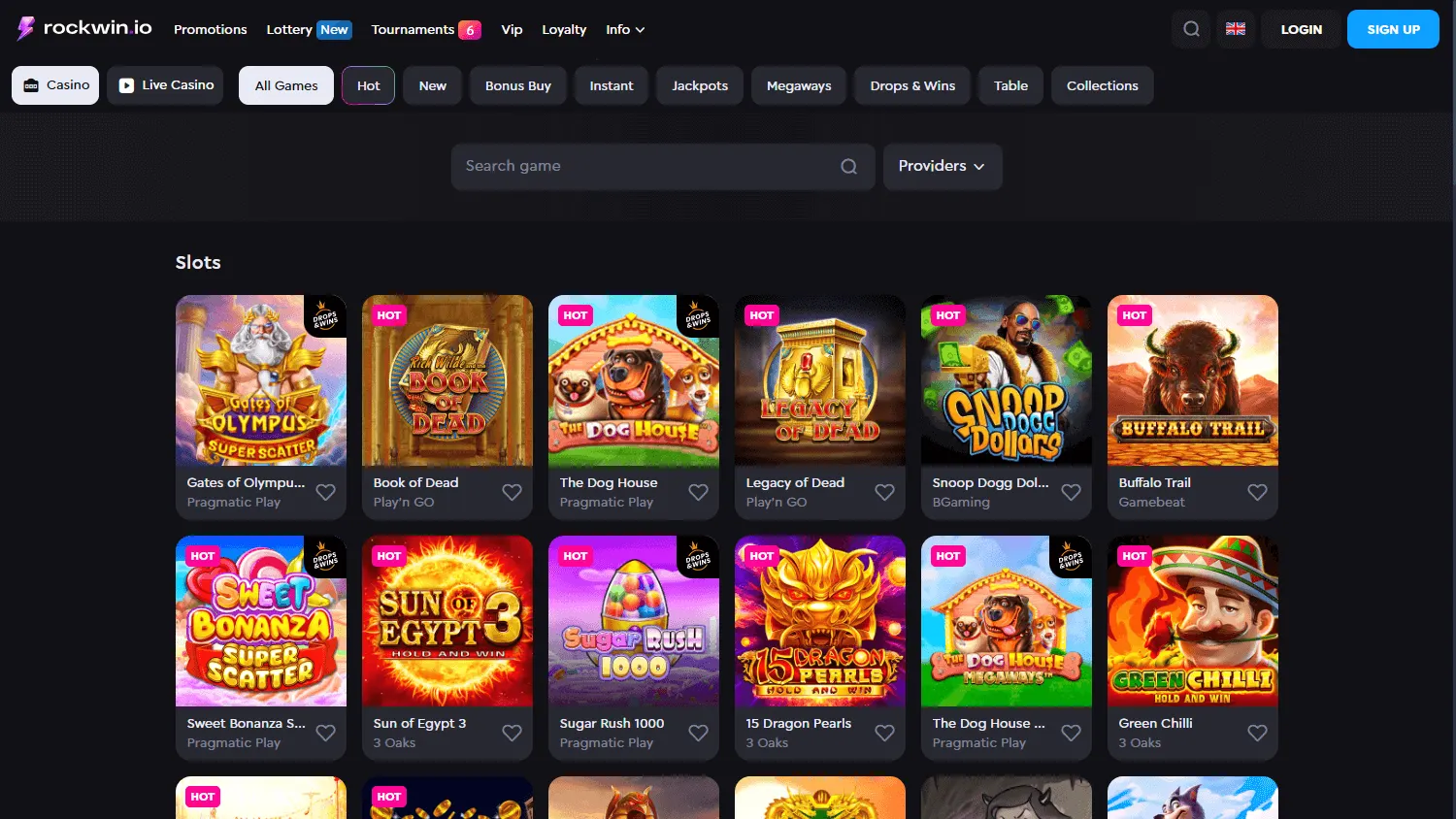 Rockwin Casino desktop games area with slots, table games and live casino options