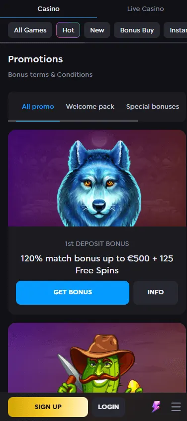 Rockwin Casino mobile promotions area with available casino offers