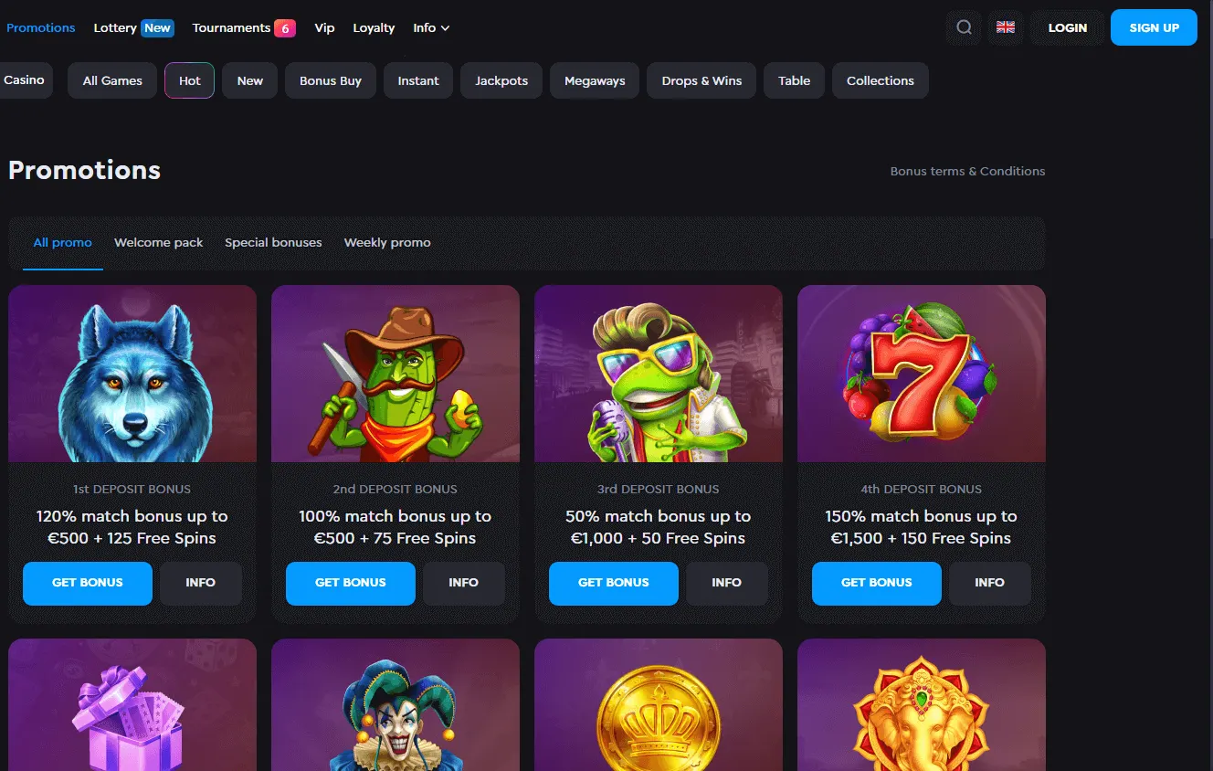 Rockwin Casino desktop promotions area with welcome and deposit offers